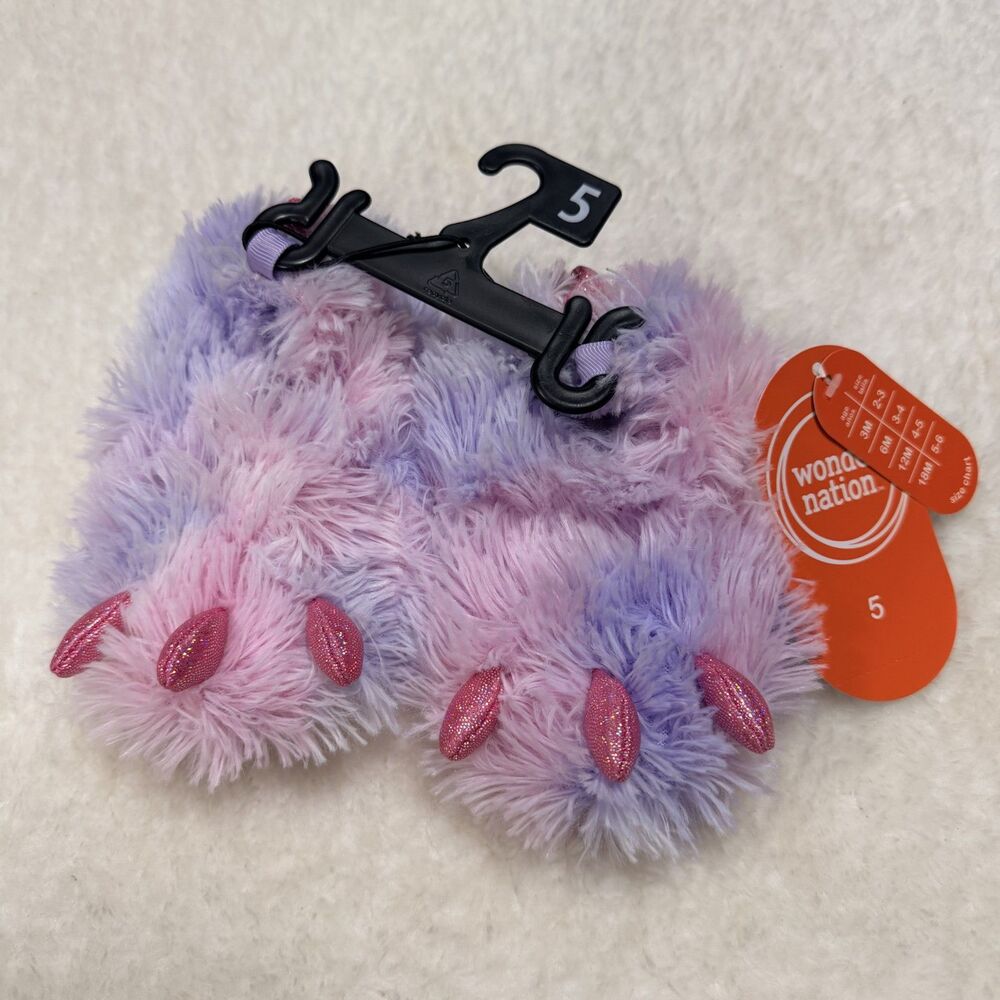 wonder nation Purple and Pink Fuzzy Monster Slippers with Sparkle Claws - Size 5
